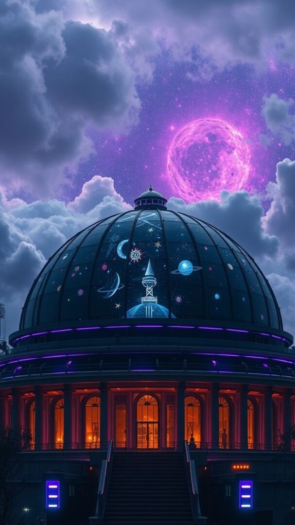 The City Planetarium — a domed observatory lit by neon and starlight